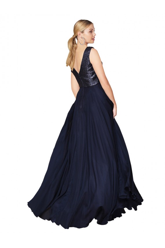 Marinha Negra Linha A Decote V Chiffon & Lantejoulas Longo Vestidos de Madrinha / Vestidos de Festa