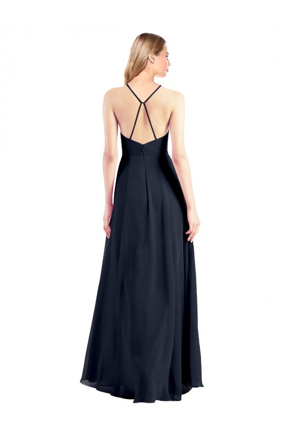 Marinha Negra Linha A Decote V Chiffon Longo Vestidos de Madrinha / Vestidos de Festa Acessíveis