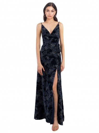 Marinha Negra Linha A Decote V Veludo Floral & Veludo Elástico Longo Vestidos de Madrinha