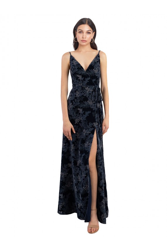Marinha Negra Linha A Decote V Veludo Floral & Veludo Elástico Longo Vestidos de Madrinha