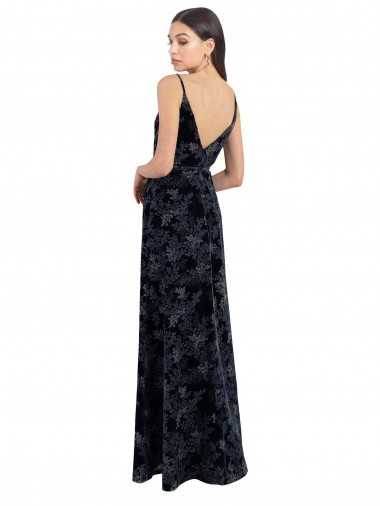 Marinha Negra Linha A Decote V Veludo Floral & Veludo Elástico Longo Vestidos de Madrinha