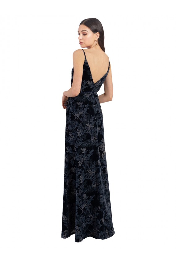 Marinha Negra Linha A Decote V Veludo Floral & Veludo Elástico Longo Vestidos de Madrinha