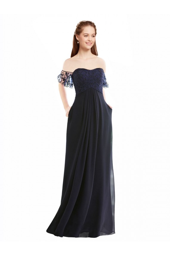 Marinha Negra Linha A Fora do Ombro Chiffon & Renda Longo Vestidos de Madrinha Acessíveis