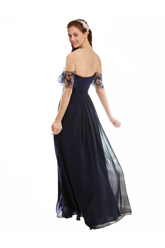 Marinha Negra Linha A Fora do Ombro Chiffon & Renda Longo Vestidos de Madrinha Acessíveis