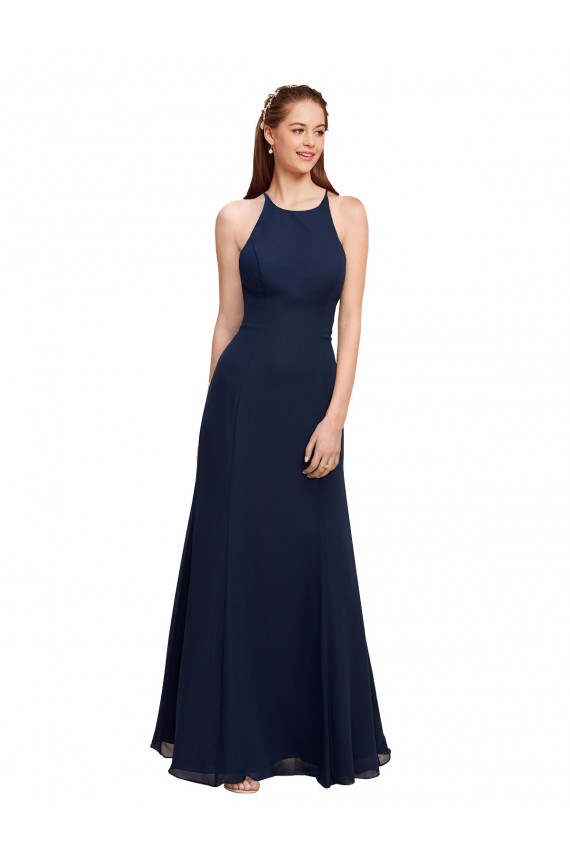 Marinha Negra Sereia Cabeçada Chiffon Longo Vestidos de Madrinha / Vestidos de Festa Acessíveis