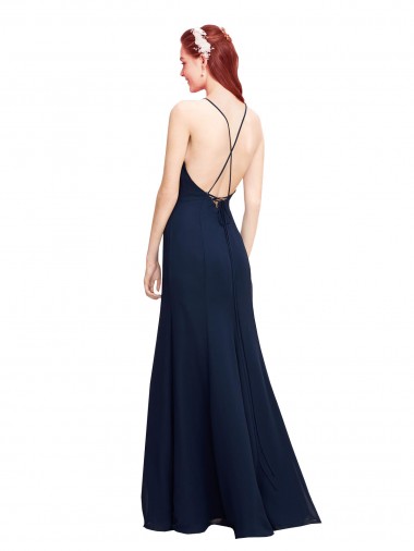 Marinha Negra Sereia Cabeçada Chiffon Longo Vestidos de Madrinha / Vestidos de Festa