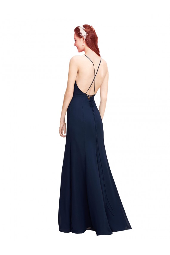 Marinha Negra Sereia Cabeçada Chiffon Longo Vestidos de Madrinha / Vestidos de Festa Acessíveis