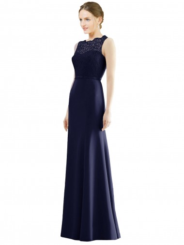 Marinha Negra Sereia Decote Ilusão Chiffon & Renda Longo Vestidos de Madrinha