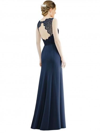 Marinha Negra Sereia Decote Ilusão Chiffon & Renda Longo Vestidos de Madrinha