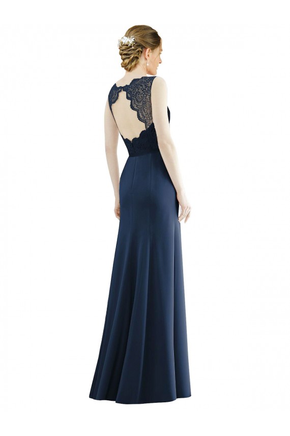 Marinha Negra Sereia Decote Ilusão Chiffon & Renda Longo Vestidos de Madrinha Acessíveis