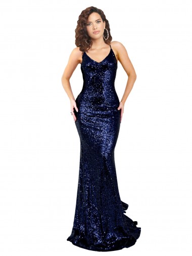 Marinha Negra Sereia Decote V Lantejoulas Longo Formais Vestidos de Madrinha / Vestidos de Festa