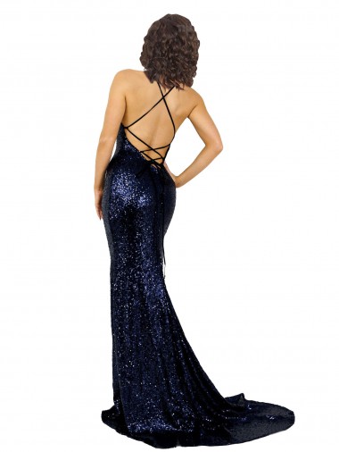 Marinha Negra Sereia Decote V Lantejoulas Longo Formais Vestidos de Madrinha / Vestidos de Festa