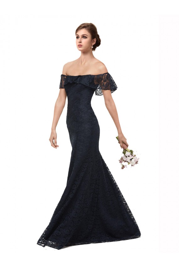 Marinha Negra Sereia Fora do Ombro Renda Longo Vestidos de Madrinha / Vestidos de Festa Acessíveis