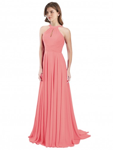 Melancia Chiffon Linha A Criss Cruz Cabeçada Longo Vestidos de Madrinha