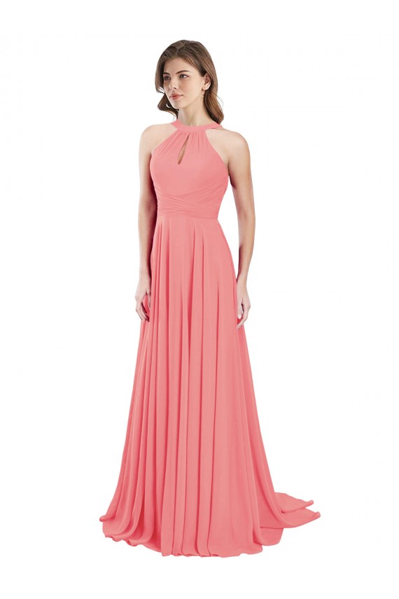 Melancia Chiffon Linha A Criss Cruz Cabeçada Longo Vestidos de Madrinha Acessíveis