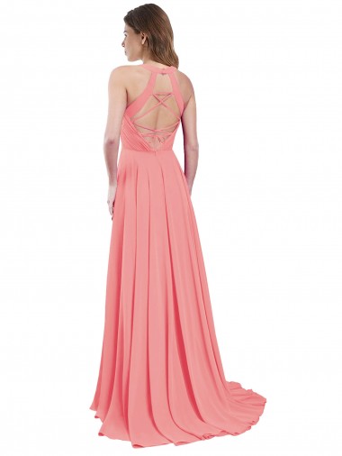 Melancia Chiffon Linha A Criss Cruz Cabeçada Longo Vestidos de Madrinha