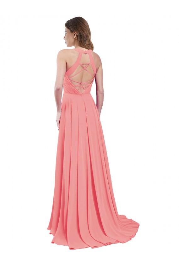 Melancia Chiffon Linha A Criss Cruz Cabeçada Longo Vestidos de Madrinha Acessíveis