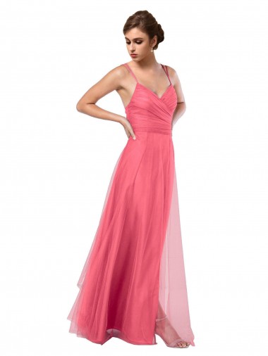Melancia Linha A Alças finas Tule Longo Vestidos de Madrinha