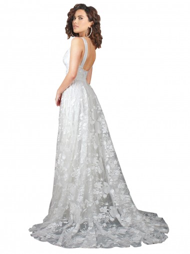 Off White Linha A Decote V Comboio Capela Renda Longo Vestidos de Noiva