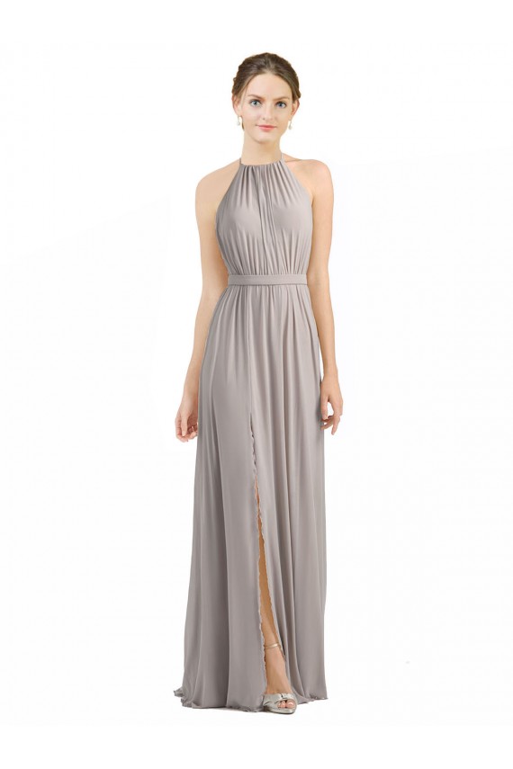 Ostra Prata Linha A Cabeçada Chiffon Longo Vestidos de Madrinha Acessíveis