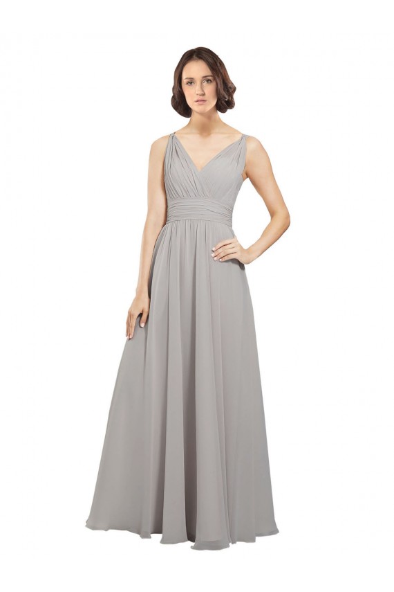Ostra Prata Linha A Decote V Chiffon Longo Vestidos de Madrinha Acessíveis
