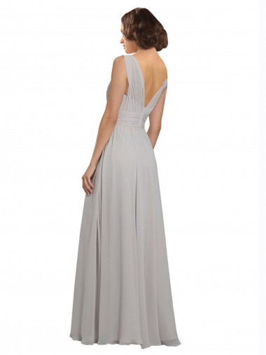 Ostra Prata Linha A Decote V Chiffon Longo Vestidos de Madrinha