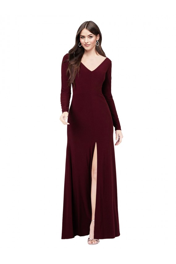 Ouro Borgonha Bainha Decote V Spandex Longo Vestidos de Madrinha / Vestidos de Festa