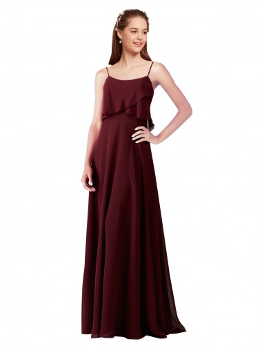Ouro Borgonha Chiffon Linha A Alças finas Longo Vestidos de Madrinha