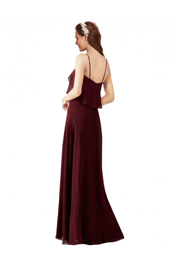 Ouro Borgonha Chiffon Linha A Alças finas Longo Vestidos de Madrinha Acessíveis