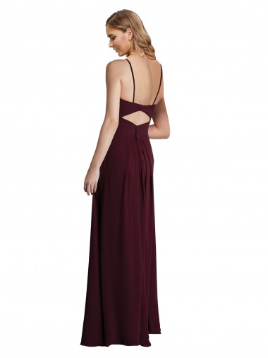 Ouro Borgonha Chiffon Linha A Buraco da fechadura Alças finas Longo Vestidos de Madrinha