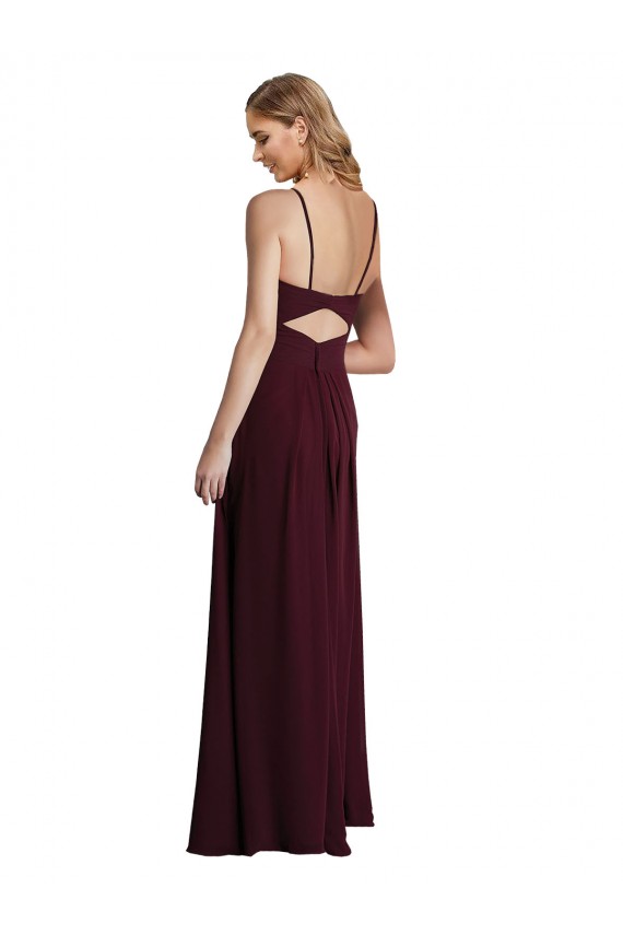 Ouro Borgonha Chiffon Linha A Buraco da fechadura Alças finas Longo Vestidos de Madrinha Acessíveis