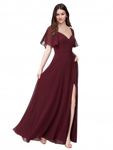 Ouro Borgonha Chiffon Linha A Buraco da fechadura Amor Longo Vestidos de Madrinha