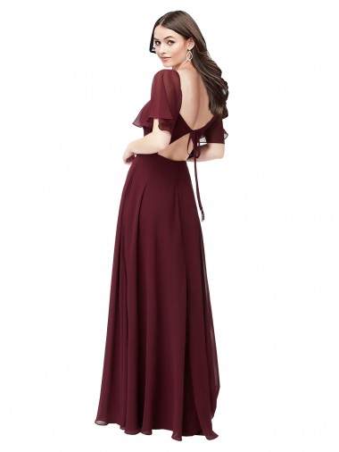 Ouro Borgonha Chiffon Linha A Buraco da fechadura Amor Longo Vestidos de Madrinha