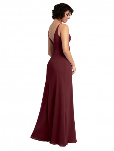 Ouro Borgonha Chiffon Linha A Costas em V Decote V Longo Vestidos de Madrinha