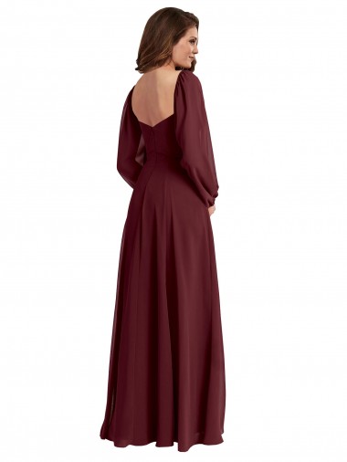 Ouro Borgonha Chiffon Linha A Decote Quadrado Longo Vestidos de Madrinha