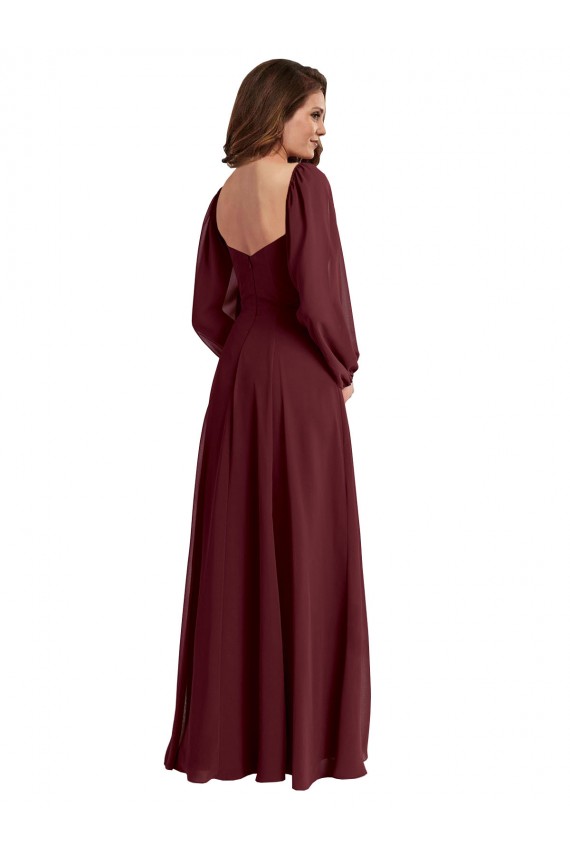 Ouro Borgonha Chiffon Linha A Decote Quadrado Longo Vestidos de Madrinha Acessíveis