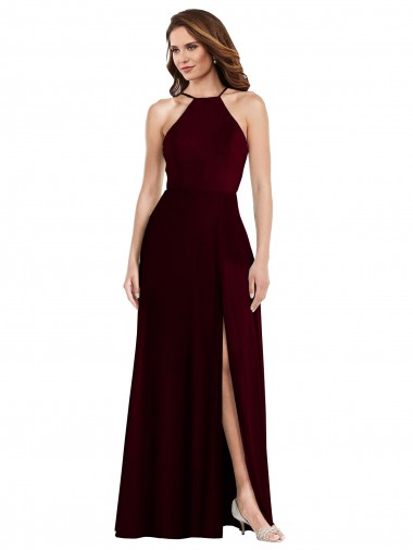Ouro Borgonha Chiffon Linha A Lombar Cabeçada Longo Vestidos de Madrinha