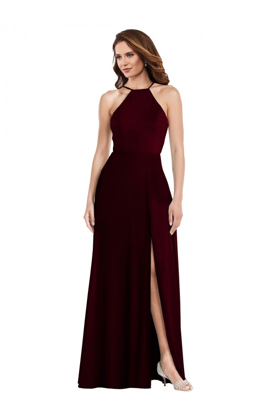 Ouro Borgonha Chiffon Linha A Lombar Cabeçada Longo Vestidos de Madrinha