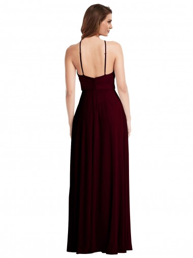 Ouro Borgonha Chiffon Linha A Lombar Cabeçada Longo Vestidos de Madrinha