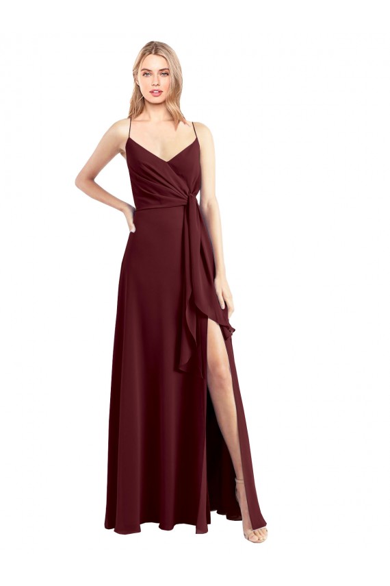 Ouro Borgonha Chiffon Linha A Lombar Decote V Longo Vestidos de Madrinha Acessíveis