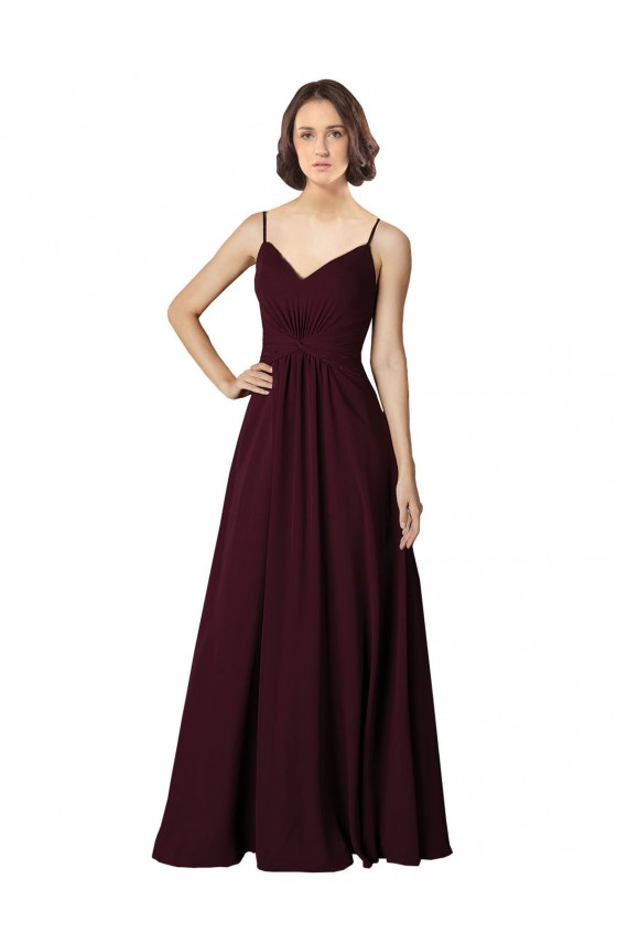 Ouro Borgonha Chiffon Linha A Sem Mangas Decote V Longo Vestidos de Madrinha Acessíveis