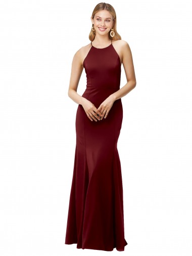 Ouro Borgonha Crepe Esticado Sereia Criss Cruz Decote Alto Longo Formais Vestidos de Madrinha / Vestidos de Noite / Vestidos de Festa