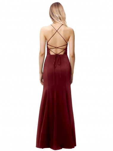 Ouro Borgonha Crepe Esticado Sereia Criss Cruz Decote Alto Longo Formais Vestidos de Madrinha / Vestidos de Noite / Vestidos de Festa