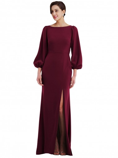 Ouro Borgonha Crepe Esticado Trombeta Mangas Compridas, Mangas Bispo Barco Longo Formais Vestidos de Madrinha / Vestidos de Noite / Vestidos de Festa