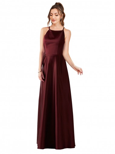 Ouro Borgonha Linha A Cabeçada Cetim Longo Vestidos de Madrinha / Vestidos de Festa