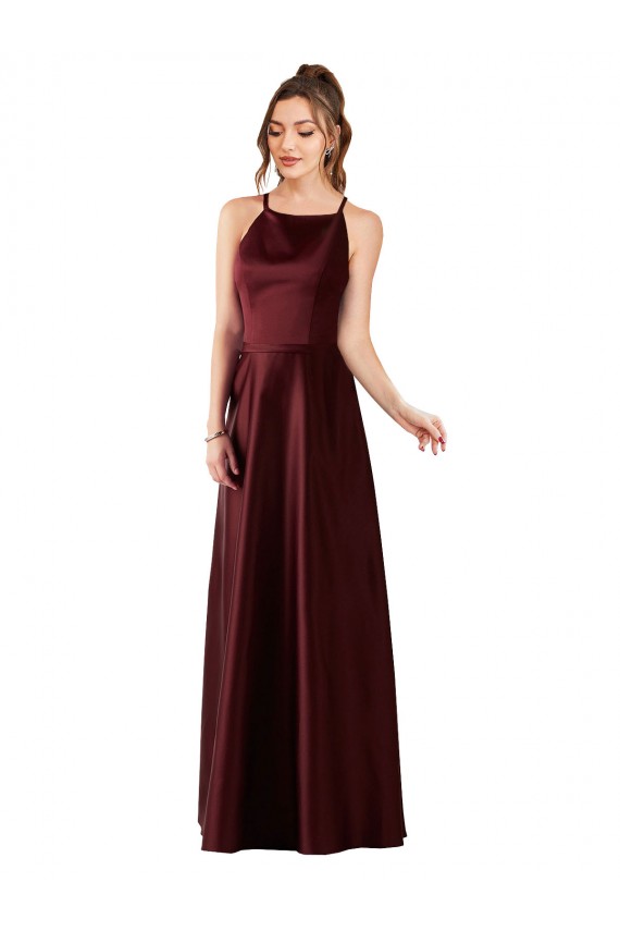 Ouro Borgonha Linha A Cabeçada Cetim Longo Vestidos de Madrinha / Vestidos de Festa Acessíveis