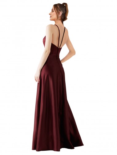 Ouro Borgonha Linha A Cabeçada Cetim Longo Vestidos de Madrinha / Vestidos de Festa