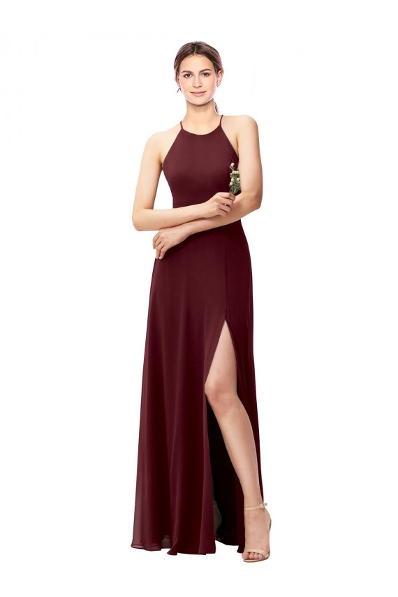 Ouro Borgonha Linha A Cabeçada Chiffon Longo Vestidos de Madrinha Acessíveis