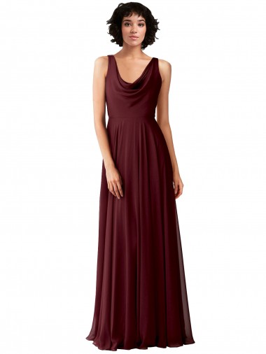 Ouro Borgonha Linha A Decote Capuz Chiffon Longo Vestidos de Madrinha