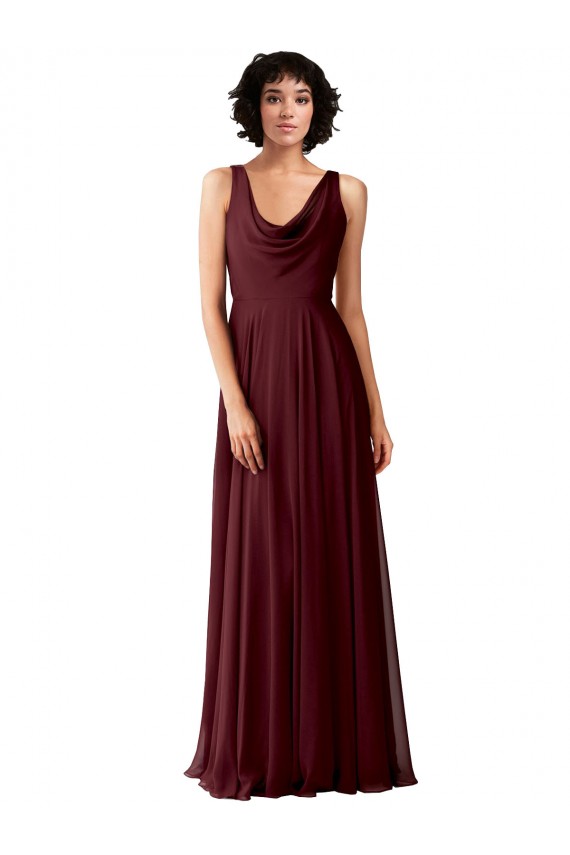 Ouro Borgonha Linha A Decote Capuz Chiffon Longo Vestidos de Madrinha Acessíveis